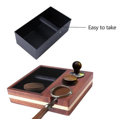 All In One Barista Grade Coffee Knock Box With 58mm Tamper, Distributor Holder, Portafilter Stand And Tamper Holder Station In Walnut Wood, Detachable Stainless Steel Knock Box
