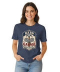 Vintage Mechanical Engineer TShirt With Hammer Gear Emblem For Garage Daily Wear Unisex Cotton Tee on a woman with a blue background.