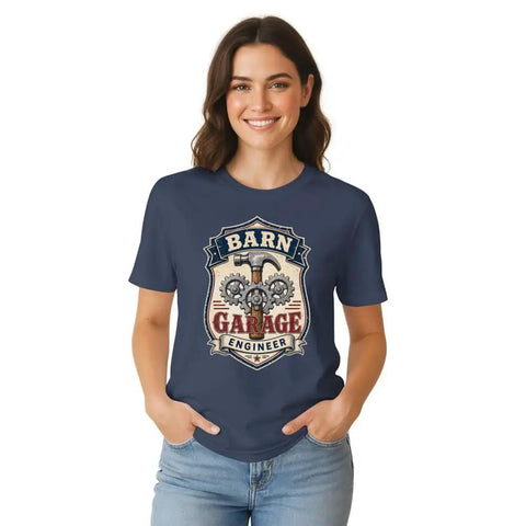 Vintage Mechanical Engineer TShirt With Hammer Gear Emblem For Garage Daily Wear Unisex Cotton Tee on a woman with a blue background.