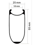 Diagram of rim profile, Carbon Disc Brake Wheelset For Road Bikes 700c Clincher Ride-Ready 55mm Deep, 25mm Wide, Tubeless Ready