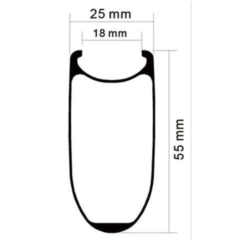 Diagram of rim profile, Carbon Disc Brake Wheelset For Road Bikes 700c Clincher Ride-Ready 55mm Deep, 25mm Wide, Tubeless Ready
