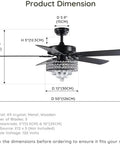 52 Inch Crystal Chandelier Ceiling Fan With Dope Matte Black Finish and Silky Smooth Reversible Blades, dimensions shown.