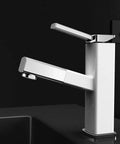 Bathroom Sink Faucet With Pull Out Sprayer And Rotating Spout Single Handle Basin Mixer Tap For Hot And Cold Water Built To Last Brass Construction Easy No Fuss Install Chrome Or White Finish, side view in white