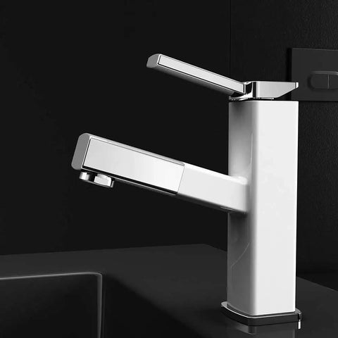 Bathroom Sink Faucet With Pull Out Sprayer And Rotating Spout Single Handle Basin Mixer Tap For Hot And Cold Water Built To Last Brass Construction Easy No Fuss Install Chrome Or White Finish, side view in white