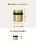Floor Door Stopper With Mounting Hardware Included Satin Brass 1.5 Inch Wall Protector showing size and installation kit