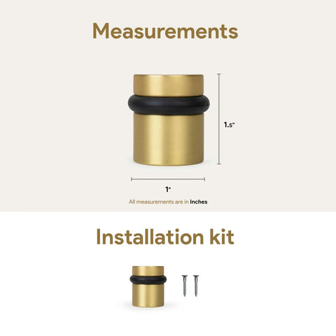 Floor Door Stopper With Mounting Hardware Included Satin Brass 1.5 Inch Wall Protector showing size and installation kit