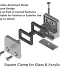 Heavy Duty Glass Clamp Set for Flat and Curved Square Glass and Acrylic Surfaces, showing exploded view of aluminum components and gaskets