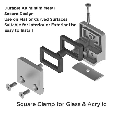 Heavy Duty Glass Clamp Set for Flat and Curved Square Glass and Acrylic Surfaces, showing exploded view of aluminum components and gaskets