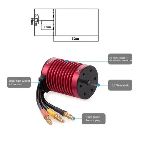 Waterproof 4370KV Brushless RC Car Motor With 45A ESC for 1 Tenth Scale RC cars, showing dimensions and connectors