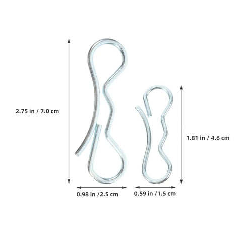 Beefy Bow Tie Cotter Pin And Heavy Duty Deck Clip Fasteners Kit showing size dimensions on two retainer pins for lawn mower hardware.