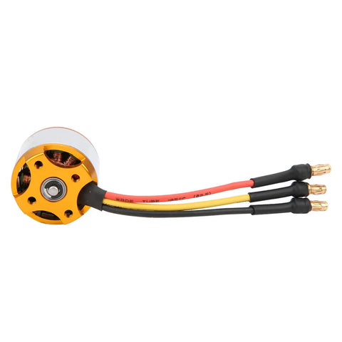 Beefy Power Outrunner Brushless Motor With Multiple KV Options for FPV Drones and Fixed Wing, side view showing connections.