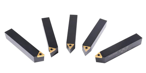 Pro Grade 1 Inch Shank 5 Piece Indexable Turning Tool Set With TiN Coated Carbide Inserts For Smooth Cuts, Positive Rake And 7 Degree Clearance, Includes STACR STNCR STECN STDCR STCCR Holders For Lathes And Turning Centers