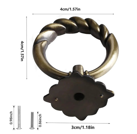 Retro Bronze Drop Ring Cabinet Pulls 12 Pack With Screws, Alloy Wardrobe Furniture Handles, close-up view with dimensions visible.