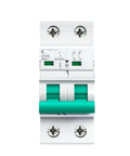 Heavy Duty Din Rail Two Pole Circuit Breaker Disconnector With Main Switch Function 400 Vac Thermal Magnetic Tech front view, green switches.