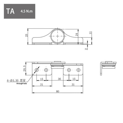 Flozari 304 stainless steel rotary shaft torque hinge; TA-right 3.0 N·m, front and side views with mounting holes.