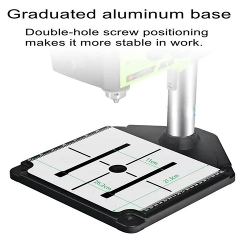 Heavy Duty 800W Bench Drill Press With Clear Digital Panel And Six Smooth Speed Gears Running Up To 2500 RPM sturdy aluminum base with measurement markings.