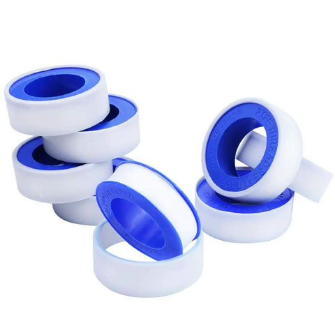 30 Pack One Half Inch Teflon Tape Industrial Thread Seal Tapes For Plumbing Waterproof Seals 394 Inch Each Roll Perfect For Plumbers And DIY Projects On Threaded Pipes, showing eight white rolls with blue cores.