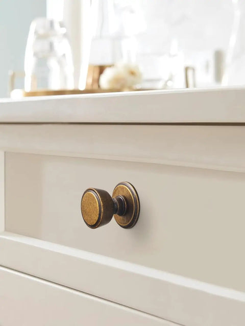 Antique Brass Cabinet Knob mounted on a dresser drawer, part of a 6 Pack with Spacers and Backplates, Zinc Alloy, Vintage Style