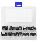 60 Piece Three Pin Transistor Assortment Kit Packing Top Shelf Semiconductor Gears And Beefy Noncontact Switch Blocks For Slick Workshop Mods Inside Neatly Sorted Plastic Crate in clear plastic case.