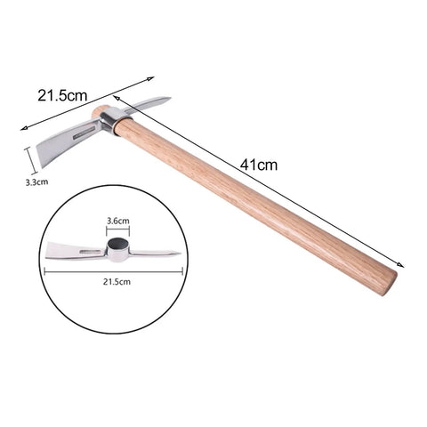 Measurement diagram of Stainless Steel Double Headed Pickaxe With Wood Handle And Comfort Grip For Easy Digging And Soil Loosening, All Purpose Mattock Tool For Garden, Yard, And Landscaping Projects.