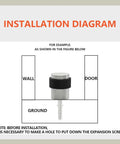 Installation diagram for Heavy Duty Stainless Steel 304 Floor Door Stops Featuring Satin Nickel Cylindrical Body with rubber bumper.