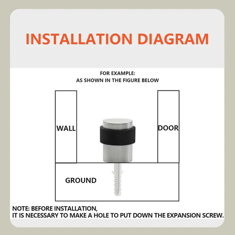 Installation diagram for Heavy Duty Stainless Steel 304 Floor Door Stops Featuring Satin Nickel Cylindrical Body with rubber bumper.