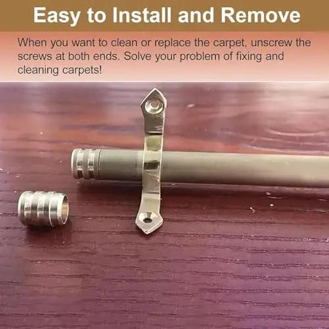 Solid Brass Adjustable Stair Runner Rods Kit With Non Slip Bar For Elegant Carpet Runners, Includes Brackets Screws End Caps For Home Or Business Decor. Brass stair runner rod with bracket and end cap on wood floor