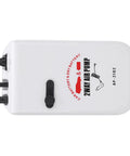 White 2-way air pump with black nozzles, labeled for car battery and dry battery use, model AP-2102