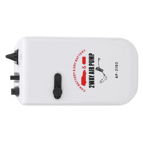 White 2-way air pump with black nozzles, labeled for car battery and dry battery use, model AP-2102