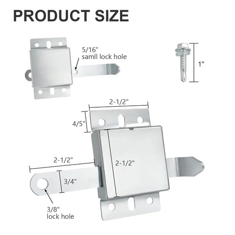 Product dimensions of Heavy Duty Inside Deadbolt Lock For Most Garage Doors In Galvanized Steel Side Lock shown with bolt and screws.