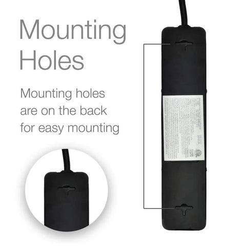Back view of Six Outlet Surge Protector Power Strip With 25 Foot Extension Cord Flat Plug White Low Profile Design ETL Listed showing mounting holes.