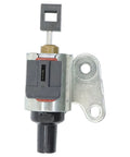 CVT transmission stepper motor with metal mounting bracket and gray plastic connector, side view