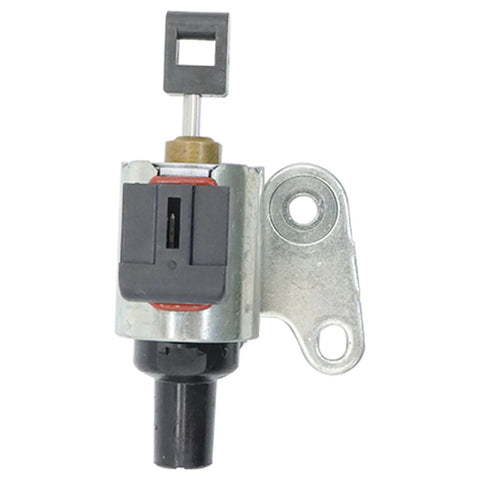 CVT transmission stepper motor with metal mounting bracket and gray plastic connector, side view