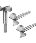 Built Like A Tank Tungsten Carbide Forstner Drill Bit Set showing three bits with arc curved radian cutter design for wood boring.