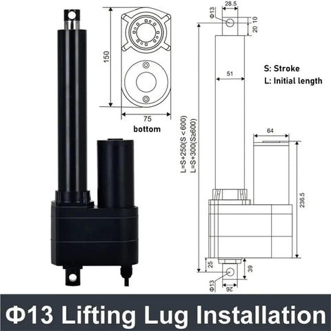 Heavy Duty 12V Electric Linear Actuator Built Like A Tank With Durable Stainless Pipe And IP65 Waterproof Seals To Crush Rock Solid Push Pull Jobs Without Breaking A Sweat On Any Rig, showing detailed dimensions.
