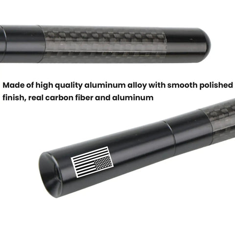 Close-up of Short Car Antenna 4.7 Inch Carbon Fiber With American Flag Aluminum Design for AM FM Radio Reception