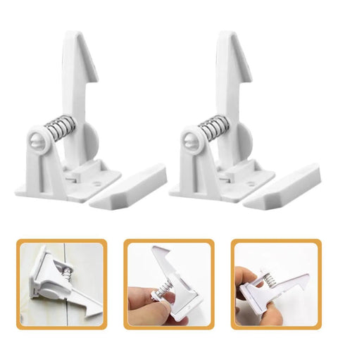 16 Pack Childproof Cabinet Locks For Drawers And Dressers In White ABS, includes detailed view of lock mechanism and installation.