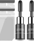 Windshield Chip And Crack Repair Kit With Nano Resin, two black resin bottles, razor blades, and clear sheets for DIY repair, white liquid