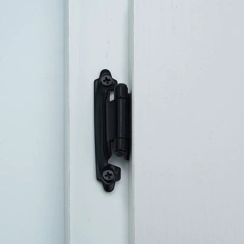 Half Inch Overlay Cabinet Door Hinges Matte Black 50 Pack Self-Closing Flush Mount For Kitchen Cupboards 25 Pairs With Stainless Steel Screws And Door Bumpers CH200-BK-P50 installed in white cabinet