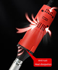 Corded electric die grinder/sander in red plastic housing with ventilation and anti-rust heat-dissipation label.