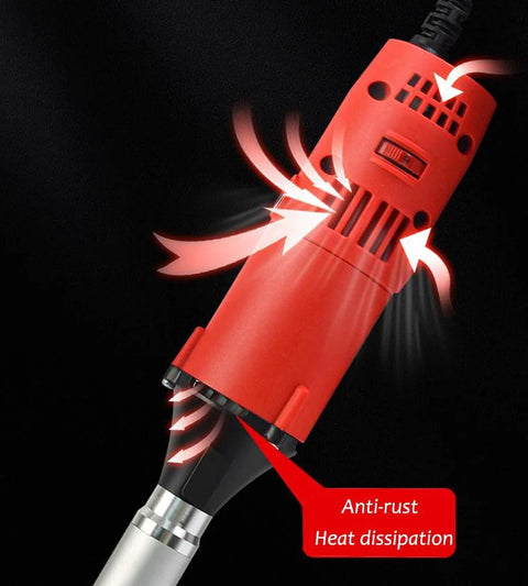 Corded electric die grinder/sander in red plastic housing with ventilation and anti-rust heat-dissipation label.