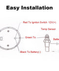 Front view of 52mm water temperature gauge with sensor and wiring diagram for car and marine use