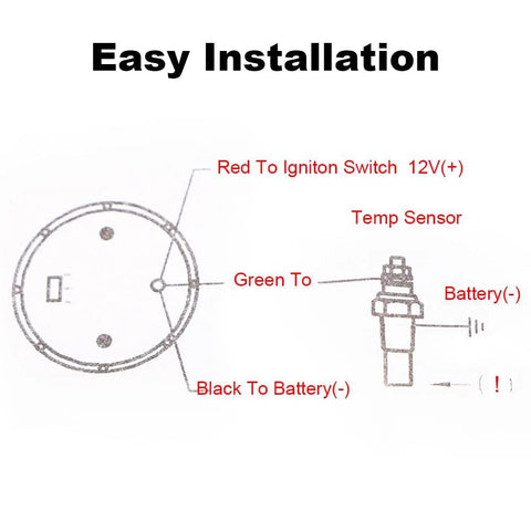 Front view of 52mm water temperature gauge with sensor and wiring diagram for car and marine use