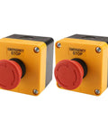 Emergency Stop Switch With Enclosure 660V 10A Red Mushroom Push Button 1NO 1NC IP65 Rugged Weatherproof Surface Mount E Stop Station For Industrial And Control Systems 2 Pack, showing two red switches with yellow enclosures.