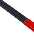 Close-up of camshaft pulley holder tool handle, black steel body with red end cap.