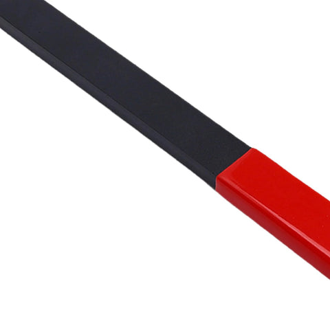 Close-up of camshaft pulley holder tool handle, black steel body with red end cap.