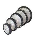 Top Shelf 65a Rubber Belt Grinder Contact Wheel With Rock Solid Aluminum Core And Pre-Mounted Half Inch Bearings One Inch Wide Heavy Duty Grinder Machine Replacement For Any Workshop showing multiple wheel sizes.
