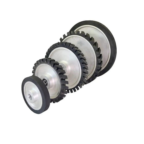 Top Shelf 65a Rubber Belt Grinder Contact Wheel With Rock Solid Aluminum Core And Pre-Mounted Half Inch Bearings One Inch Wide Heavy Duty Grinder Machine Replacement For Any Workshop showing multiple wheel sizes.