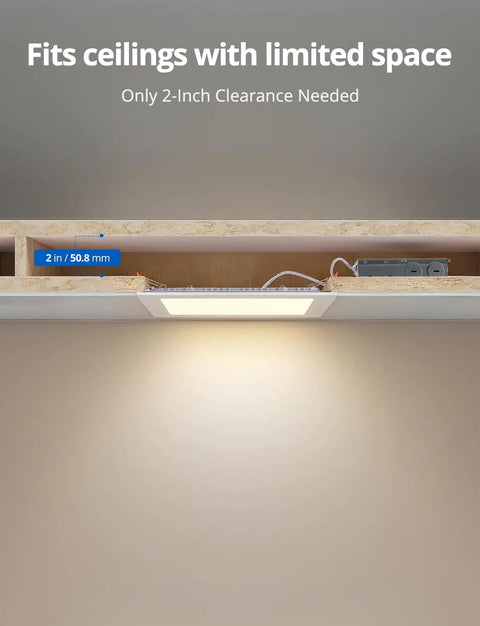 6 Pack 8 Inch Square LED Recessed Ceiling Light Dope 5CCT 2700K To 5000K Dimmable 18W 1440LM installation example with 2-inch clearance
