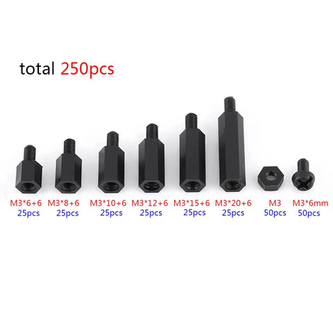 250 Piece Nylon Separation Spacer Set For PCBs, Acid Resistant Insulation, Hexagonal M3 Spacers, Male And Female Type A Columns, Durable PA66 Nylon Pro Grade For Reliable Electronics Assembly, black M3 nylon PCB spacers, total 250pcs